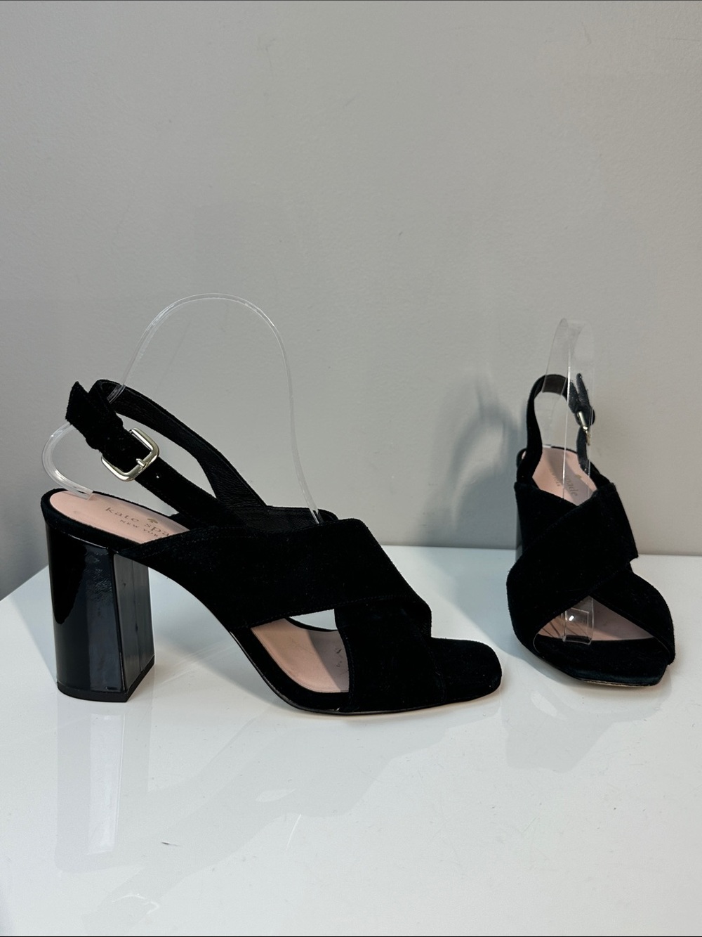 Kate Spade Holland Black Suede Peep Toe Block Heel Sandals Size 8.5